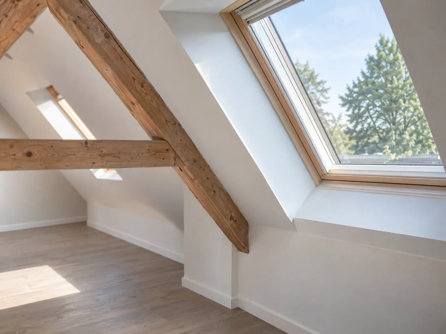 Intérieur d'un comble aménagé avec charpente apparente en bois brut, fenêtre de toit et murs blancs