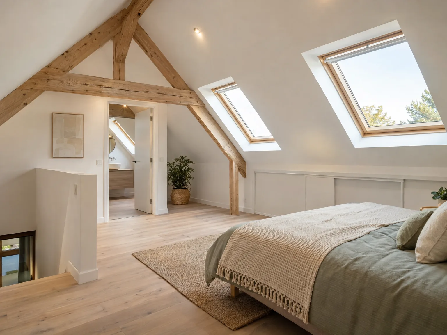 Combles aménagés en chambre avec poutres apparentes et fenêtres de toit