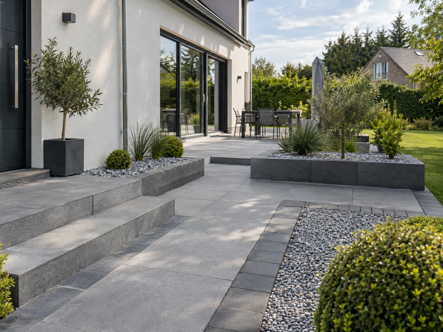Terrasse dallée en béton gris avec jardinières, plantations et aménagement paysager moderne devant maison contemporaine