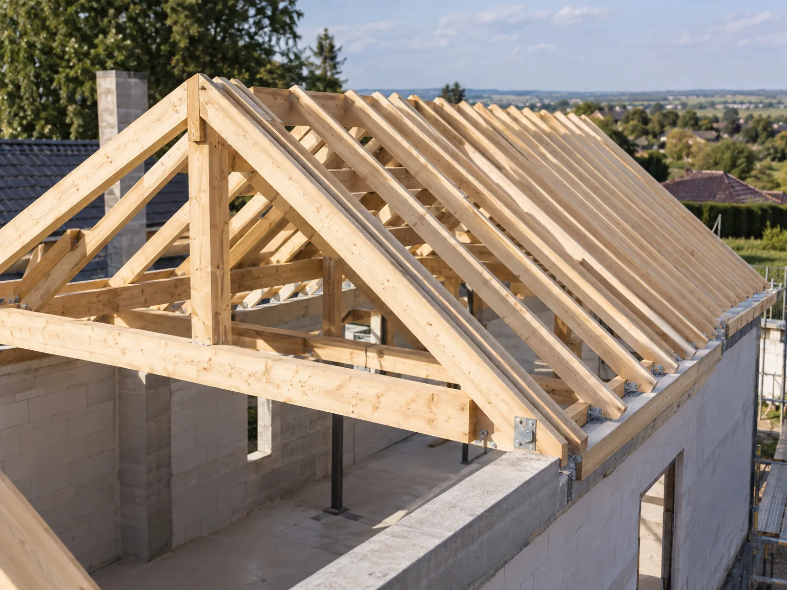 Charpente en bois neuve d'une toiture en cours de rénovation, sur structure béton