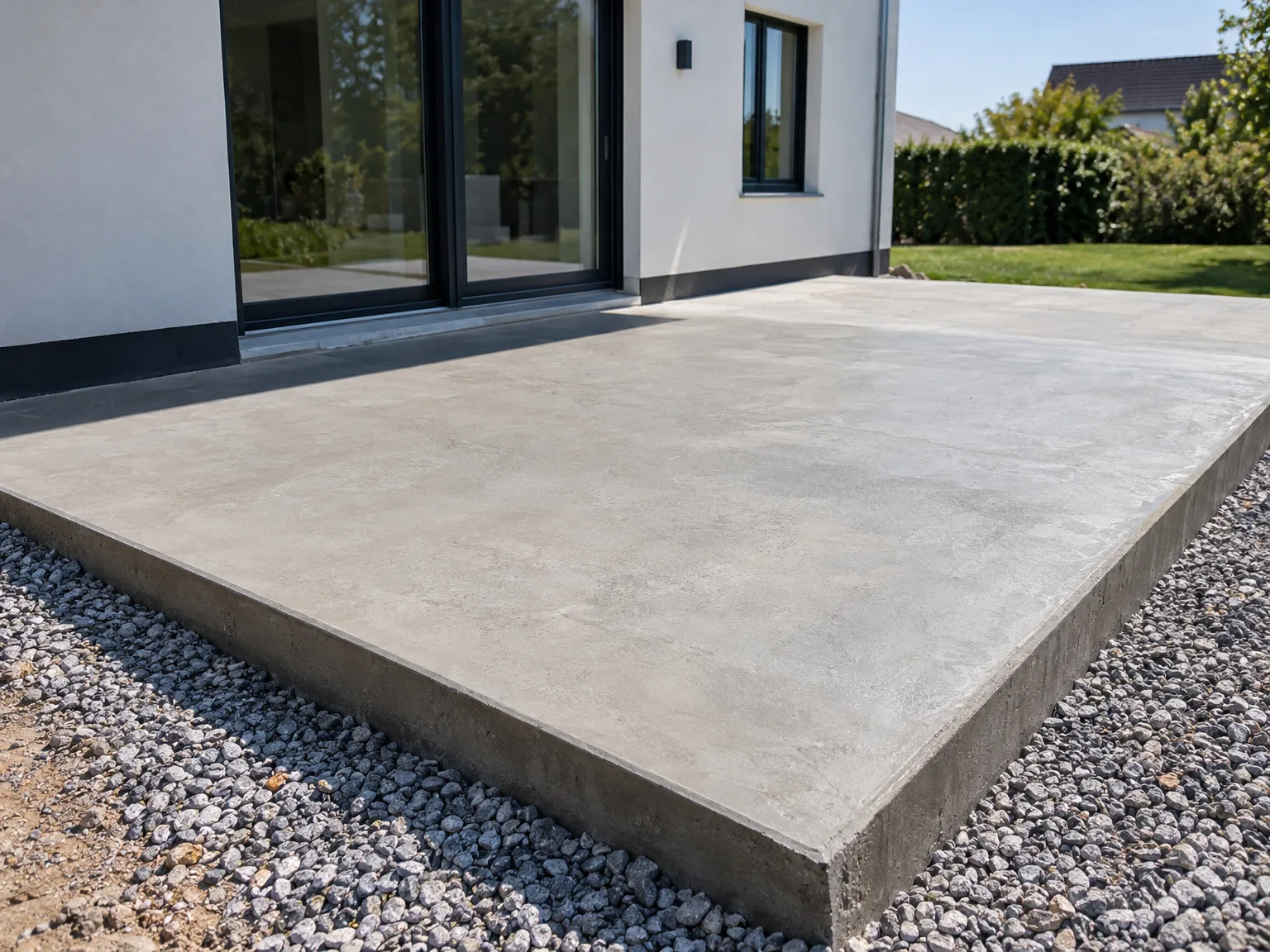 Dalle béton grise devant maison contemporaine, finition lisse, entourage graviers