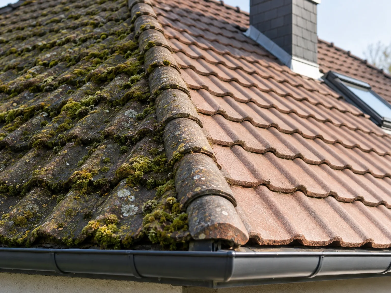 Couverture en tuiles contaminée par la mousse et le lichen, avant démoussage