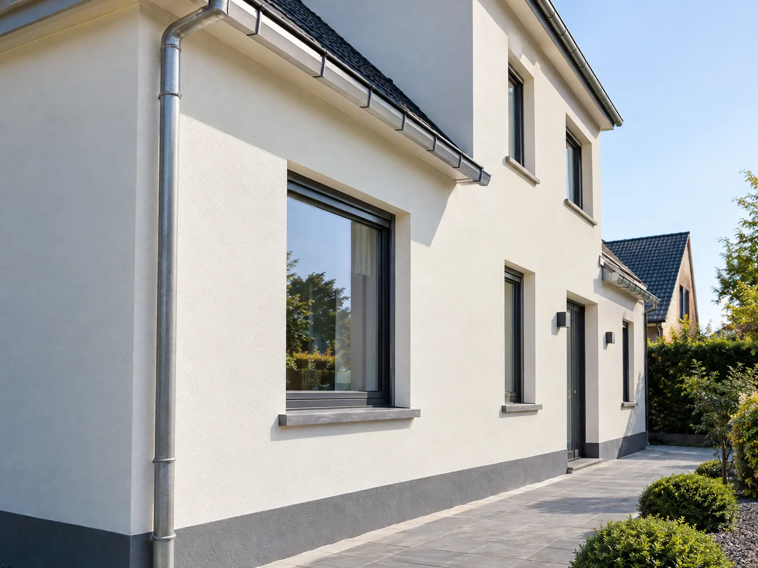 Ravalement de façade blanche avec gouttières et zinguerie métalliques modernes
