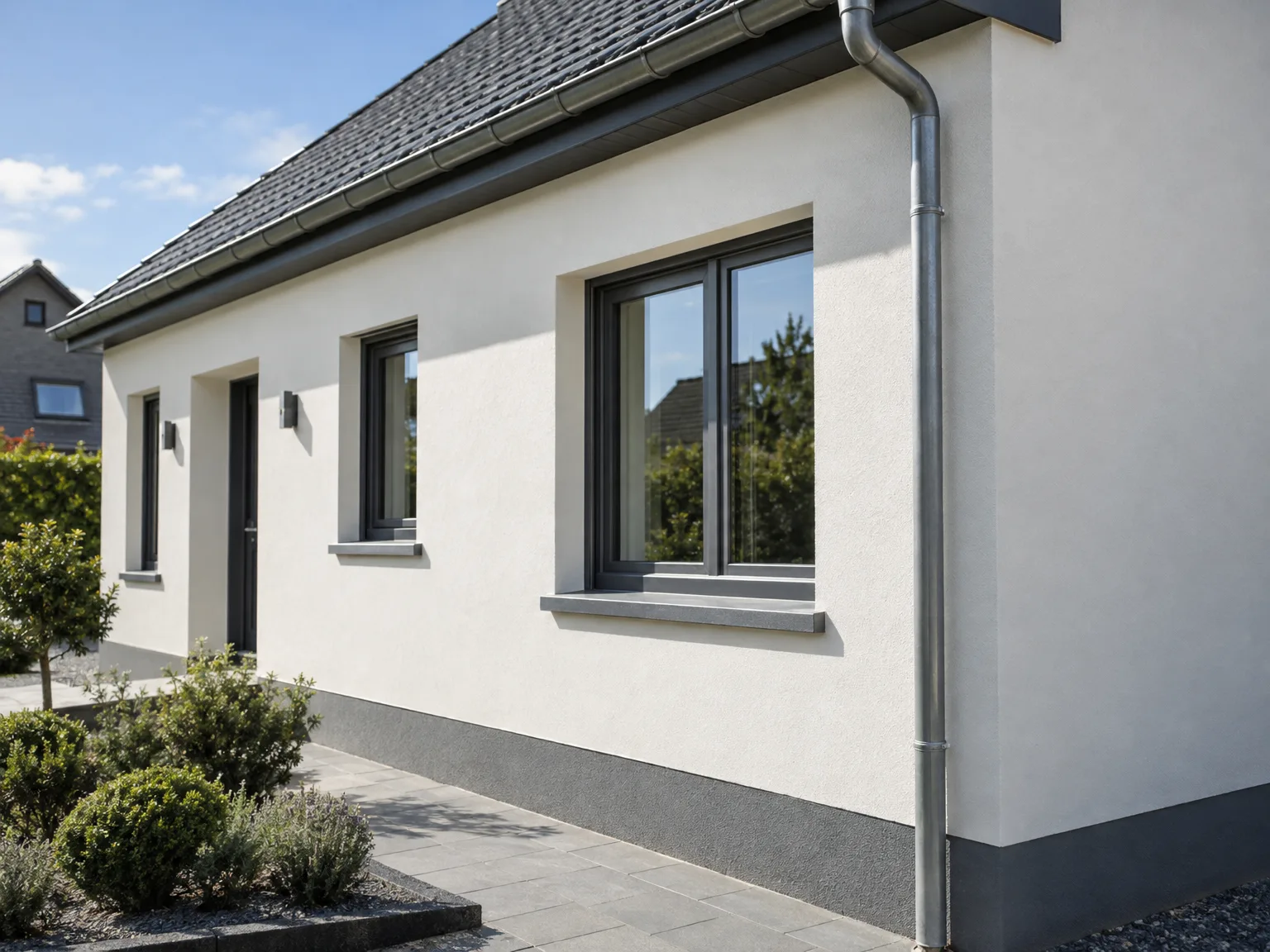 Façade blanche rénovée d'une maison avec toit en ardoise et zinguerie