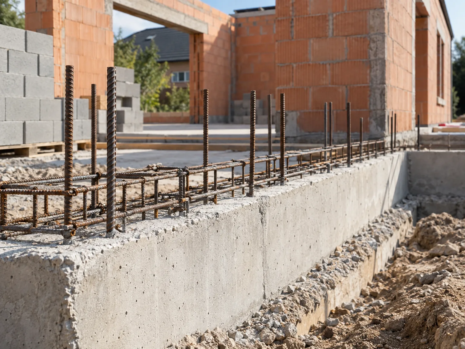 Dalle de fondation béton armé avec structures acier pour gros œuvre de bâtiment en cours