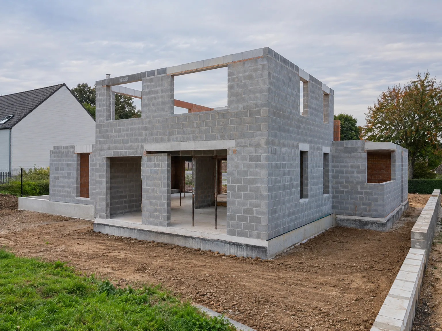 Extension de maison en construction, structure de murs en parpaings et dalle béton