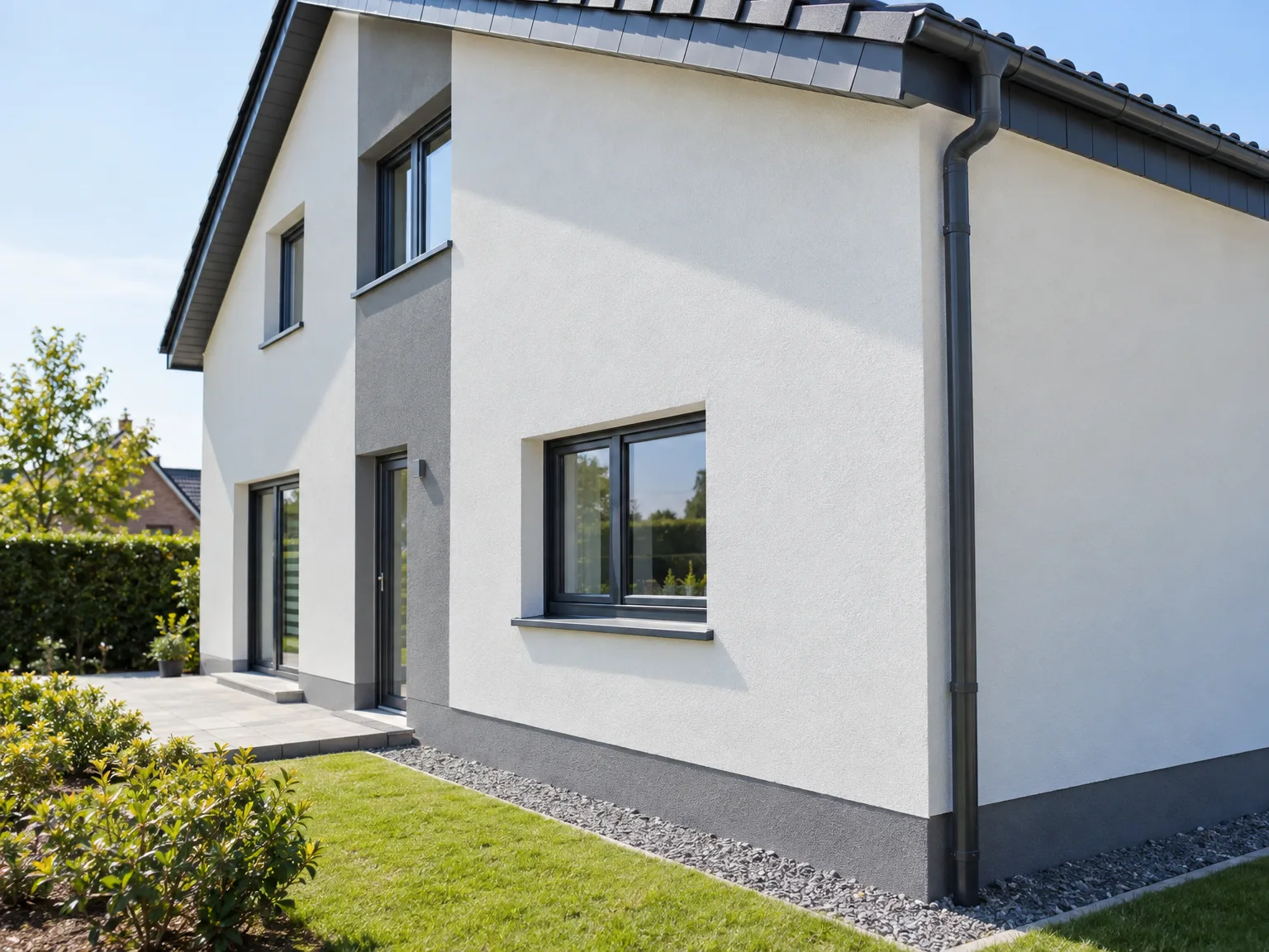 Maison rénovée avec enduit blanc et toiture noire, fenêtres modernes et aménagements paysagers