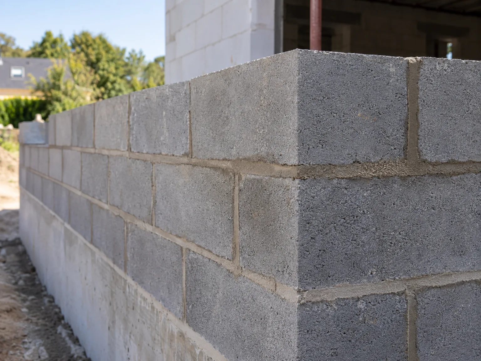 Mur de maçonnerie en blocs de béton gris, joints visibles, construction en cours