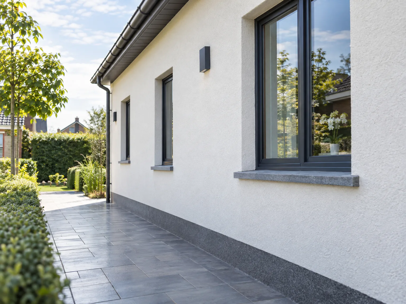 Ravalement de façade moderne avec soubassement gris et baies vitrées récentes