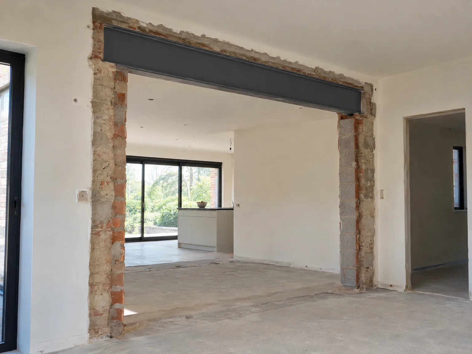 Chantier d'intérieur avec ouverture dans mur porteur et gros œuvre en brique
