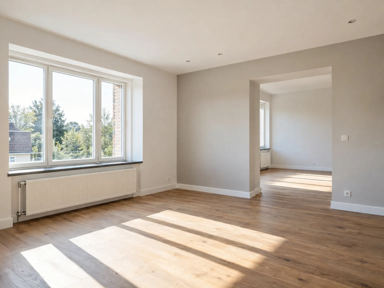 Pièce rénovée avec parquet neuf, murs peints et grandes fenêtres lumineuses