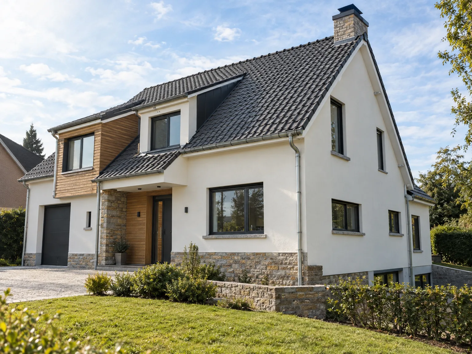 Maison avec toit ardoise gris, enduit blanc et pierre de parement, fenêtres modernes
