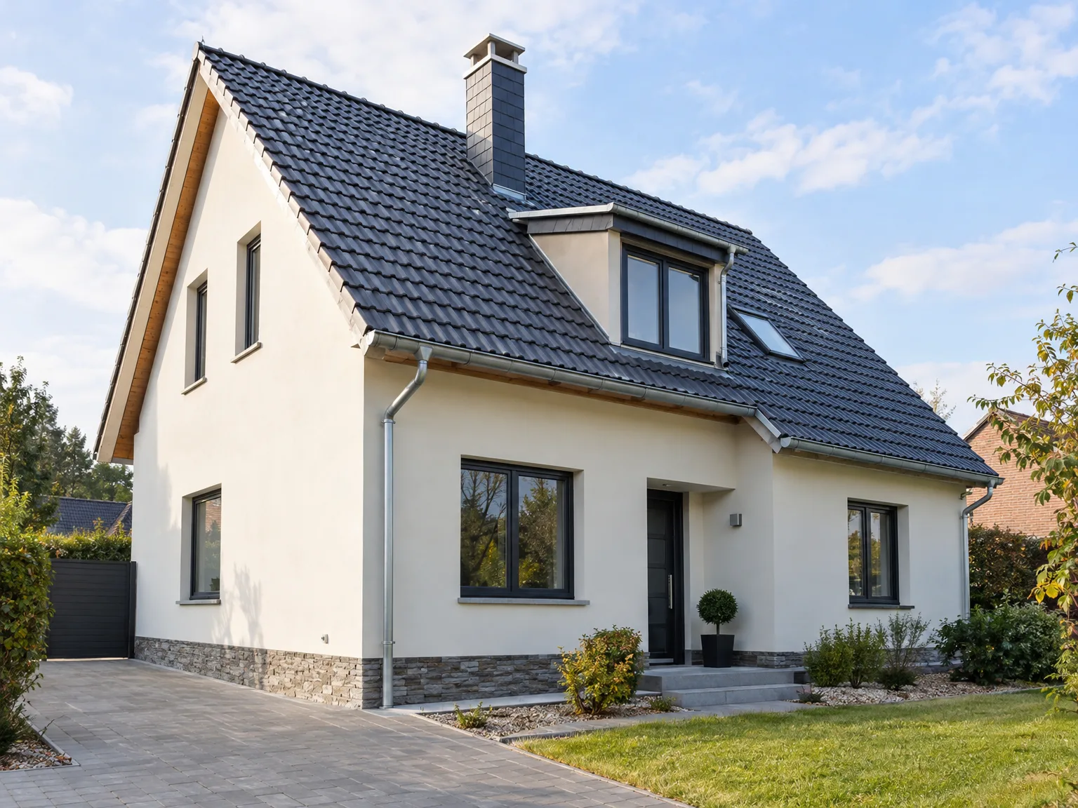 Maison rénovée : toiture en ardoise noire, fenêtre de toit, gouttières et façade enduite