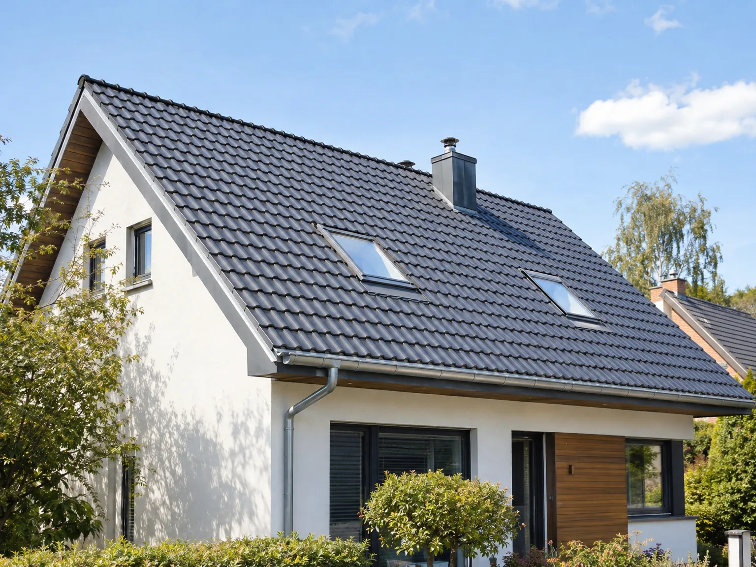 Toiture rénovée en tuile grise avec fenêtre de toit et zinguerie, façade blanche