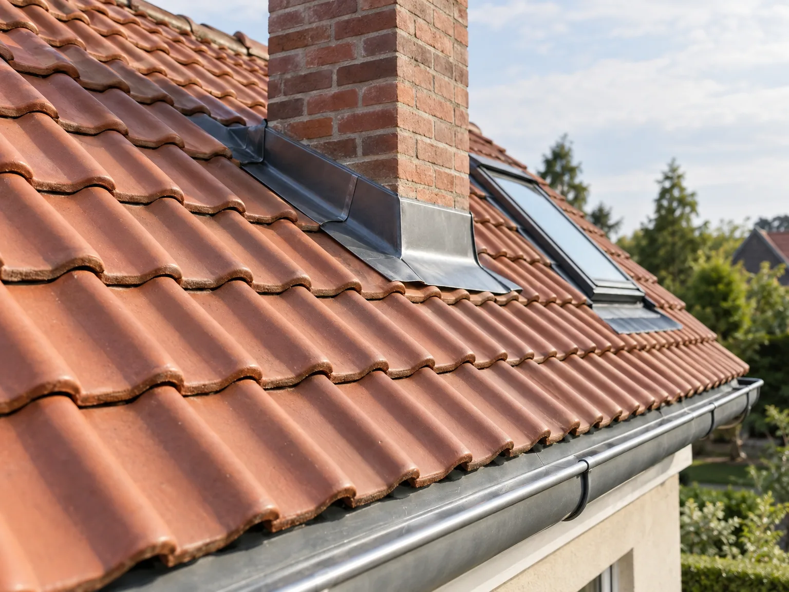 Toiture en tuiles terracotta avec zinguerie, gouttière métallique et fenêtre de toit, cheminée brique
