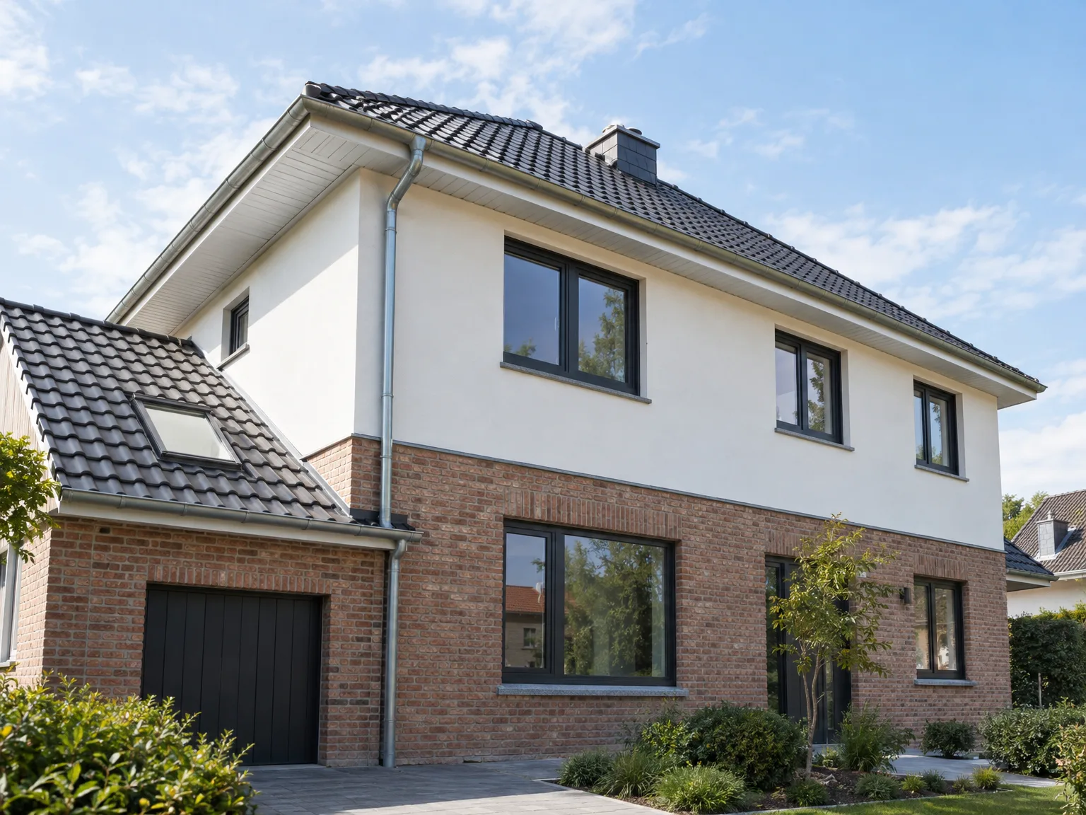 Toiture en tuiles, zinguerie, gouttière avec fenêtre de toit, façade en brique et enduit blanc