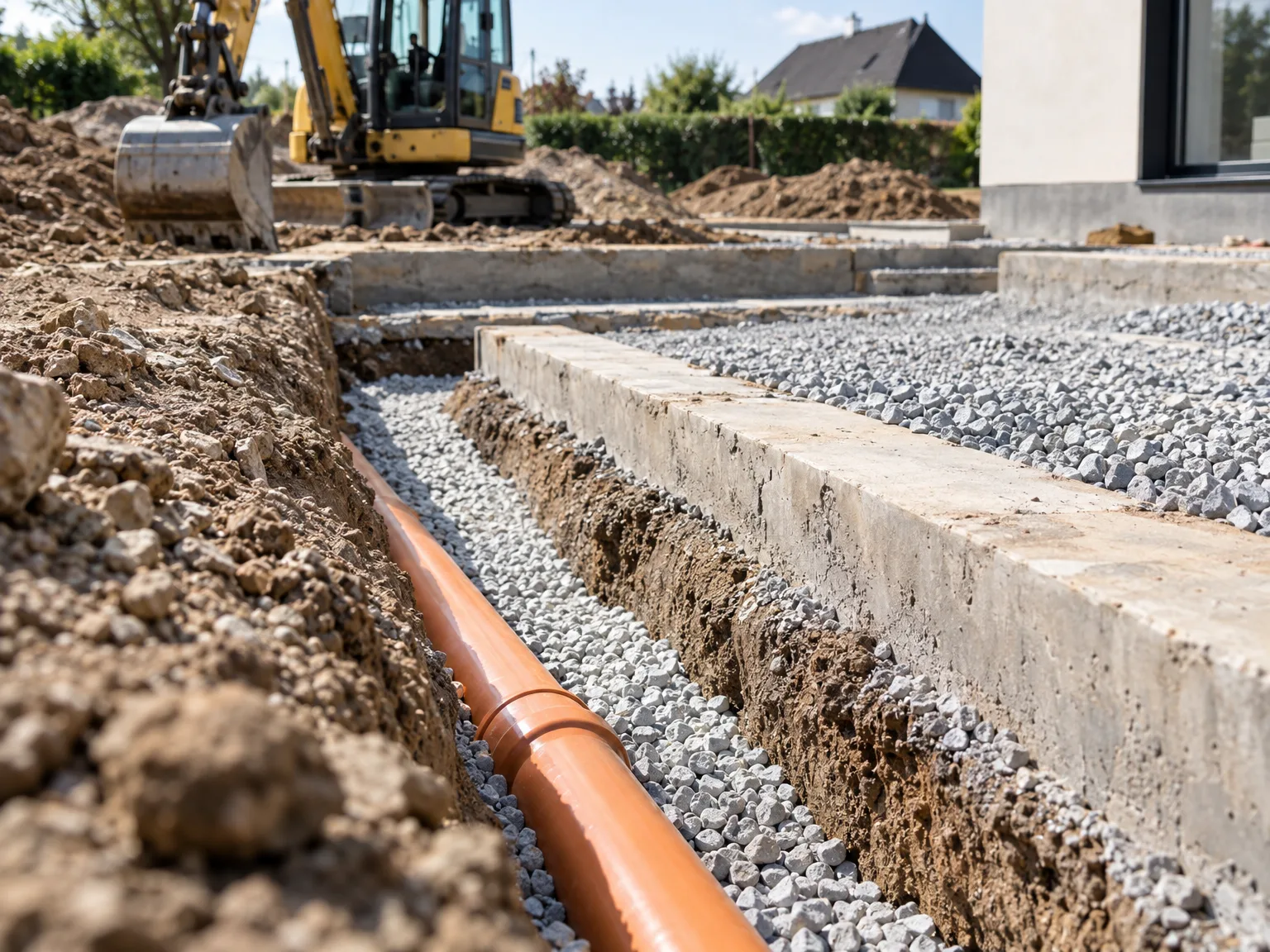 Canalisation de drainage avec remblai de pierres et mise en place des fondations lors des travaux d'assainissement